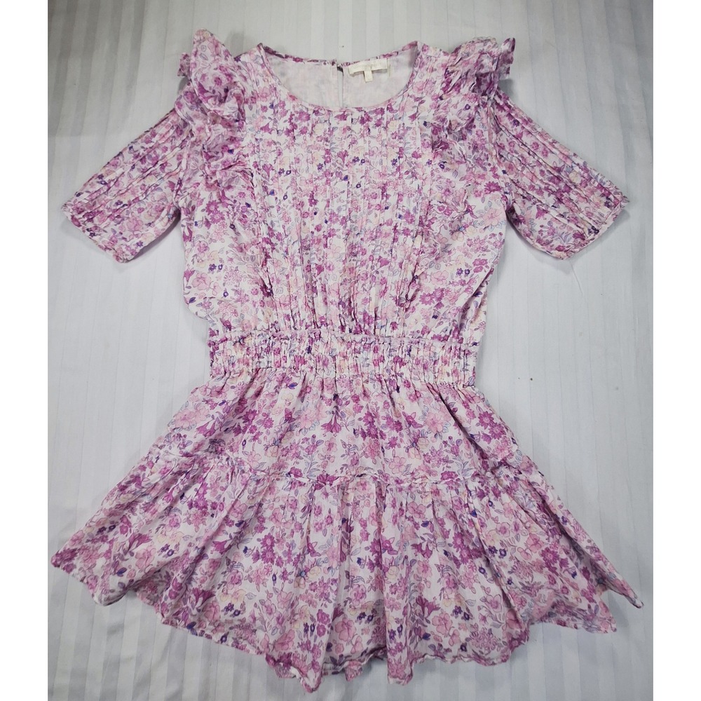 LoveShackFancy Pink Purple Floral Cotton Pintuck Ruffle Mini Dress Large